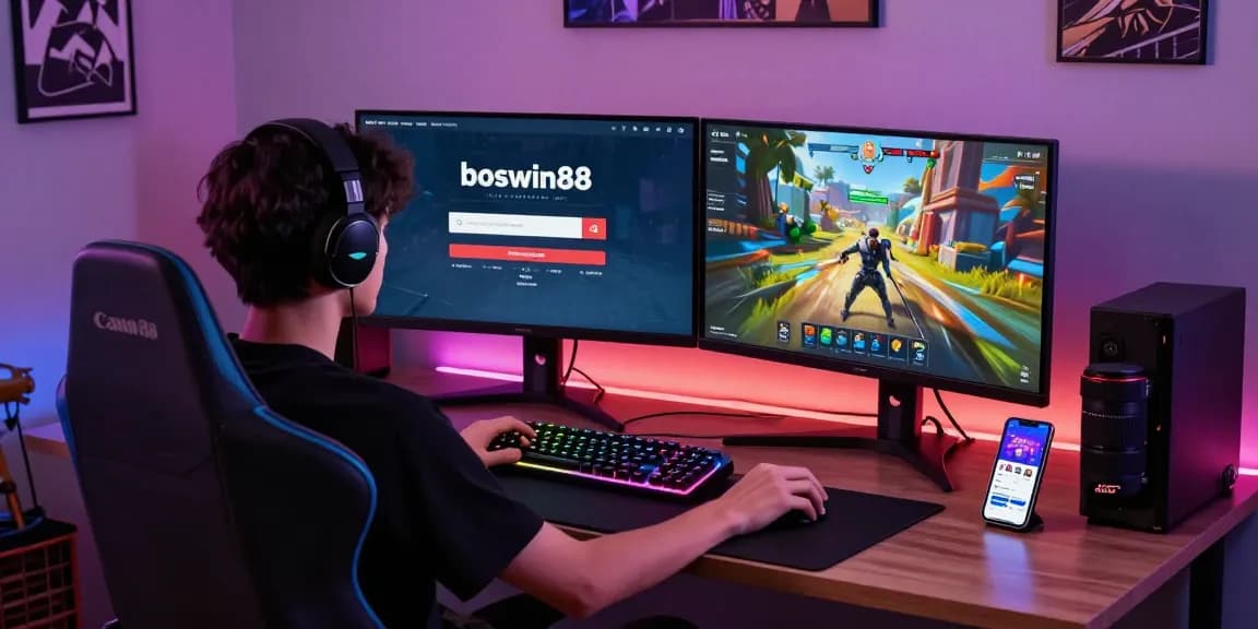 Proses boswin88 login pengguna di ruang gaming modern dengan perangkat canggih.