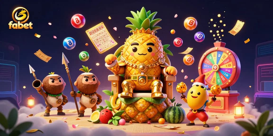 A vibrant illustration showcasing fabet's gaming realm with the pineapple king and dynamic casino elements, highlighting the exciting atmosphere.
