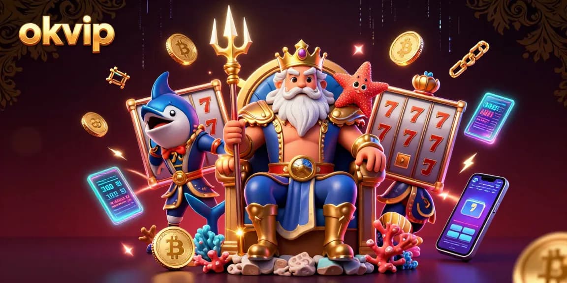 Engage with okvip's vibrant casino scene featuring Neptune, crypto coins, and slot game elements.