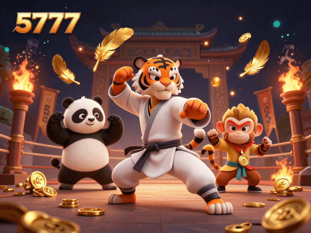Experience thrilling action at 5777 with a kung fu tiger, panda disciple, and monkey student amidst golden coins and fire effects.