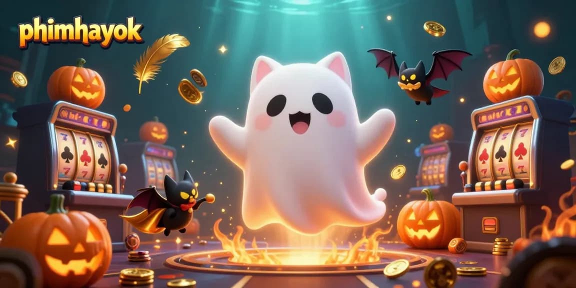 Engage with the thrilling atmosphere of phimhayok, featuring a ghost cat and vampire bat amidst floating slot machines.