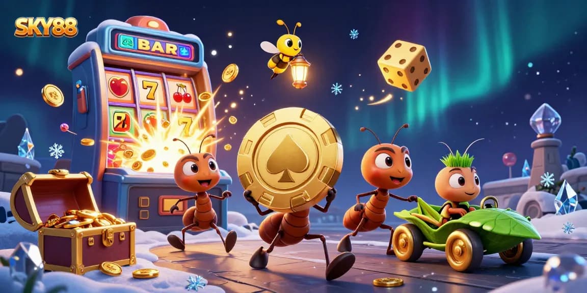 SKY88's animated heist scene with cartoon ants, golden poker chip, and casino elements.