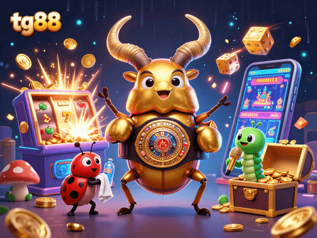Experience exciting gameplay at tg88, featuring a vibrant casino scene with cartoon characters and jackpots.