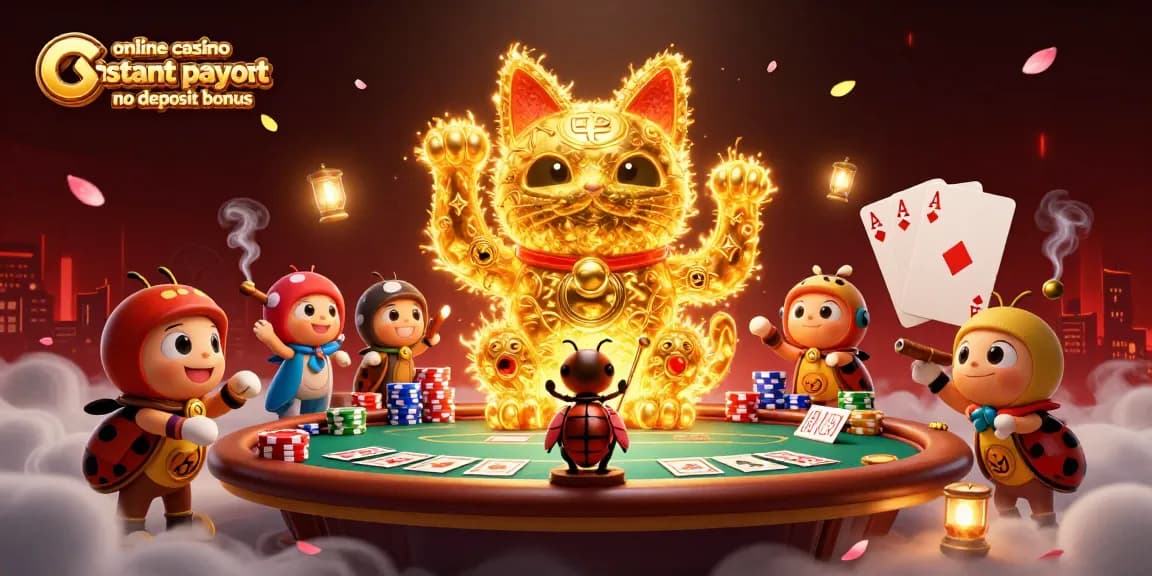 Engage with online casino instant payout no deposit bonus through vibrant gaming illustration of a lucky cat.