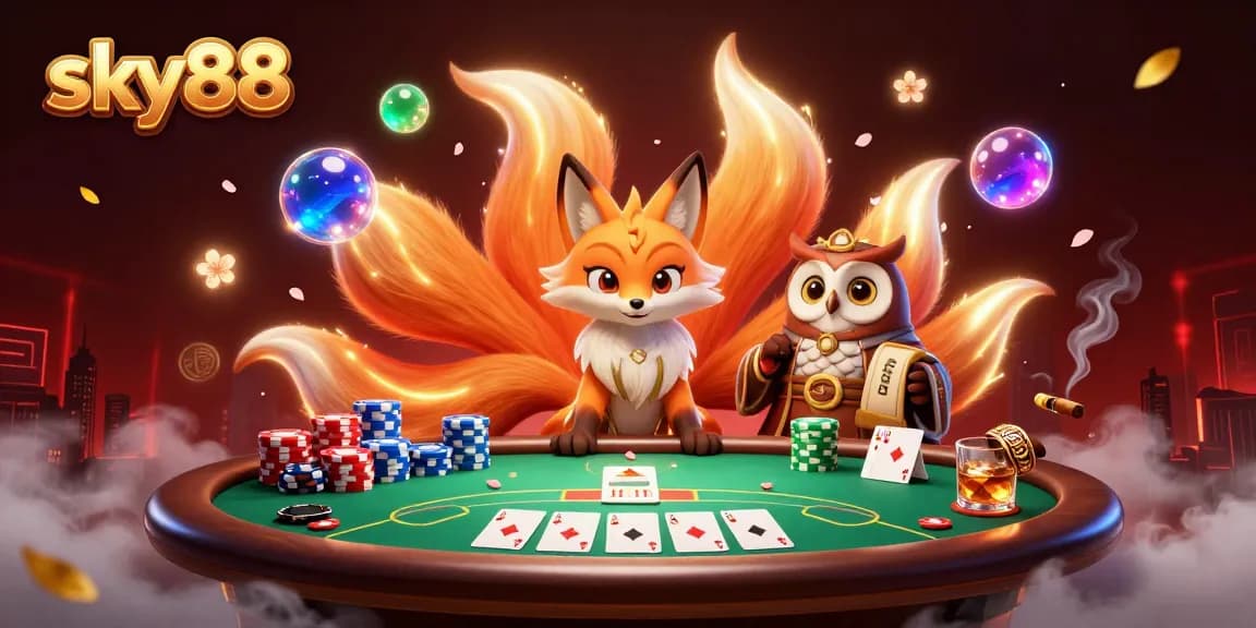 Engage with sky88's vibrant gaming scene featuring a whimsical fox and wise owl amidst casino elements.