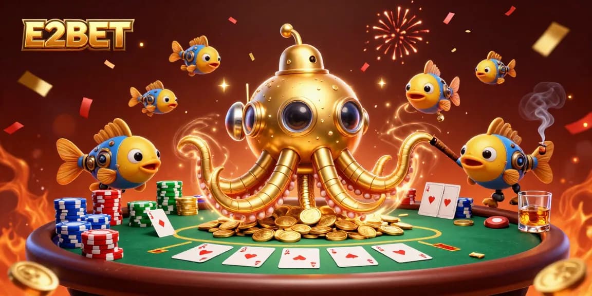 E2BET's exhilarating 3D scene showcases a golden kraken submarine and poker action, rich with gaming excitement.