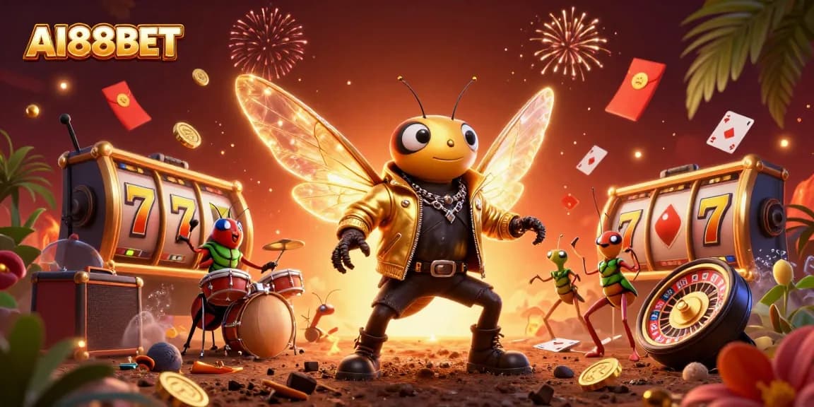 Experience the vibrant AI88BET casino scene with dynamic elements of slot games and a rock star atmosphere