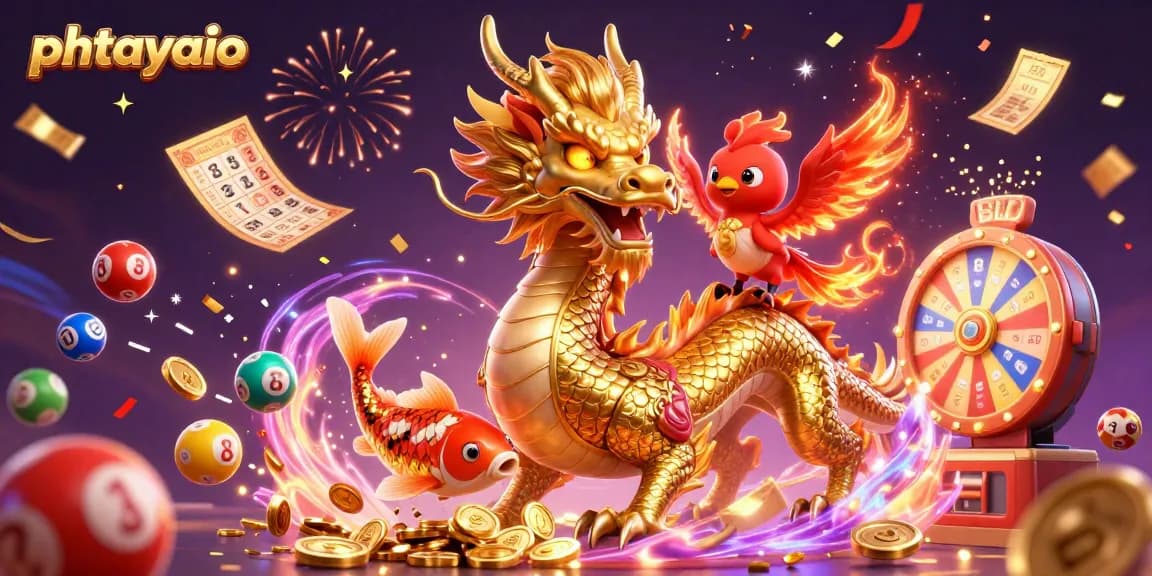 Phtayaio brings excitement with a dynamic scene of a golden dragon and phoenix in a vibrant casino.