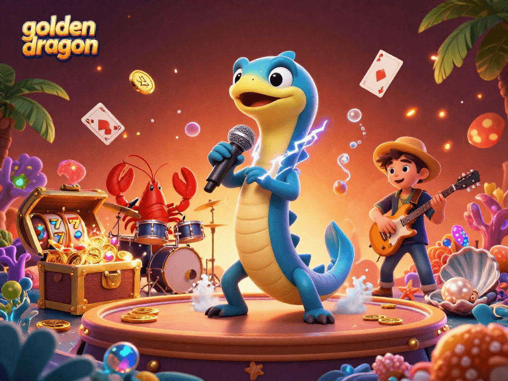 Engage with the golden dragon slots scene showcasing electric eel DJ and colorful casino elements.
