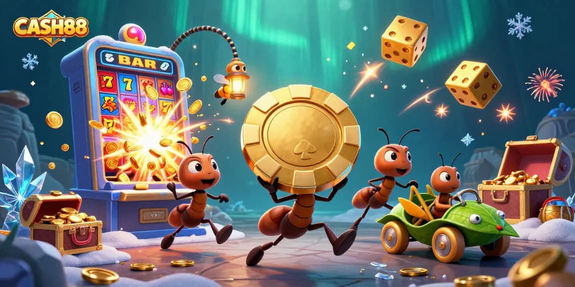 CASH88 engages players with a heist scene featuring ants, a firefly, and a grasshopper in a vibrant casino environment.
