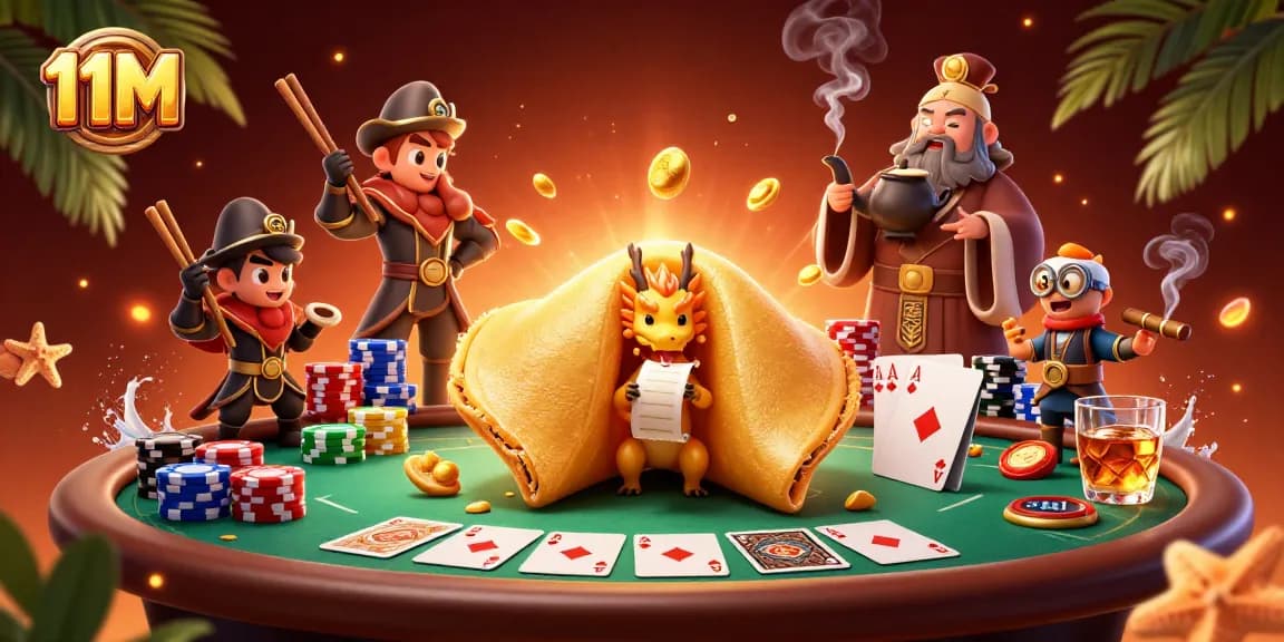 Experience 11M excitement through a vibrant illustration showcasing a golden fortune cookie and poker elements.