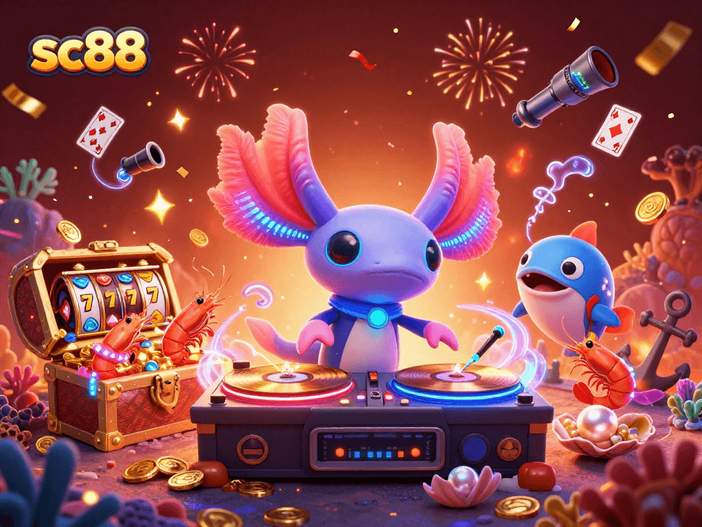 Engage with sc88 casino games featuring vibrant axolotl DJ and animated shrimp in a lively underwater scene.