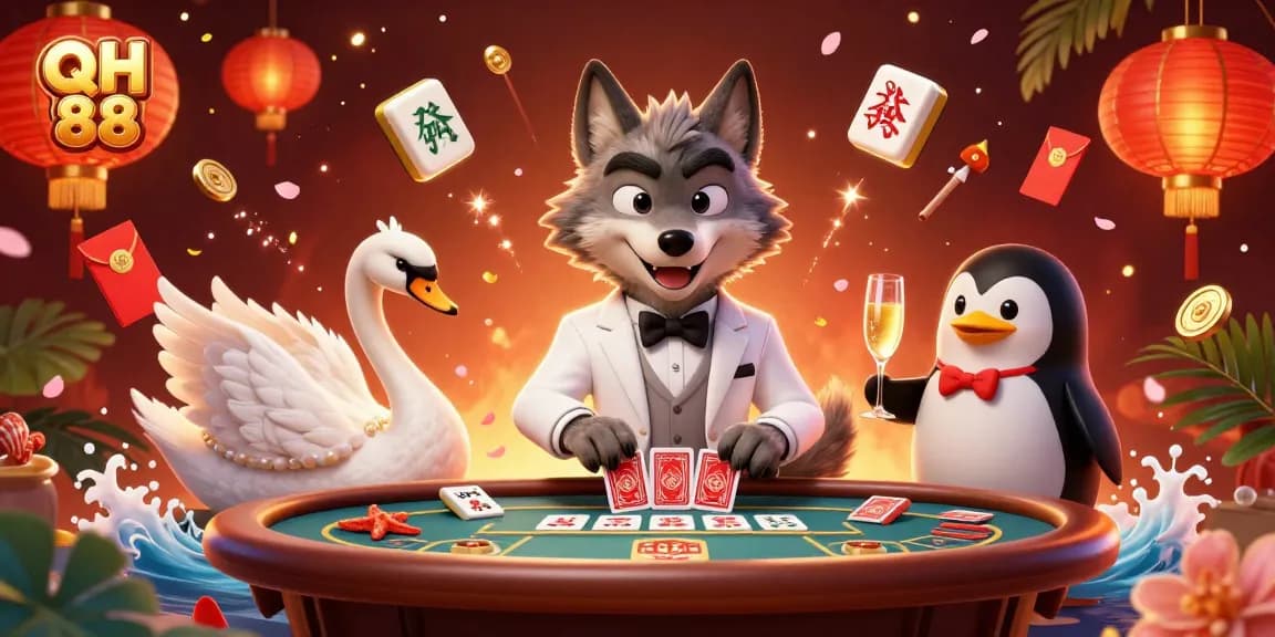 Experience excitement at QH 88 with vivid casino elements and characters in a charming illustration.