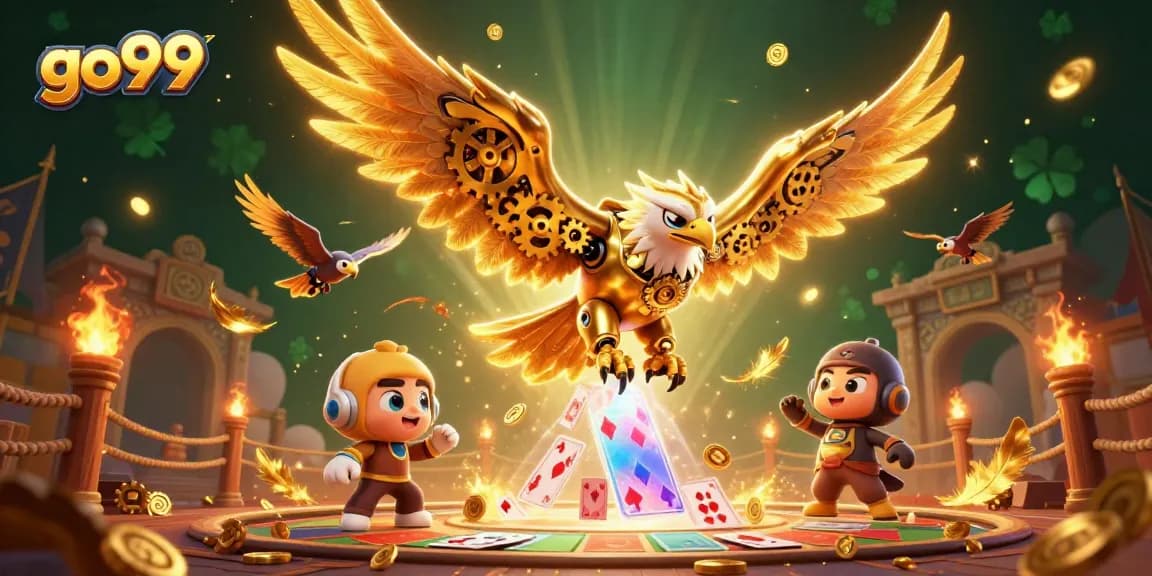 Engage with go99's thrilling gameplay featuring a golden eagle surrounded by holographic cards and vibrant casino elements.
