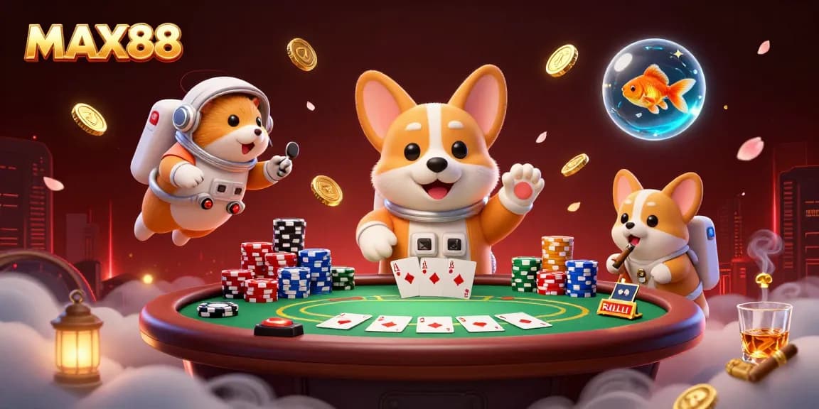 Engage with the fun at MAX88, where an astronaut corgi and friends enjoy a thrilling casino space adventure!