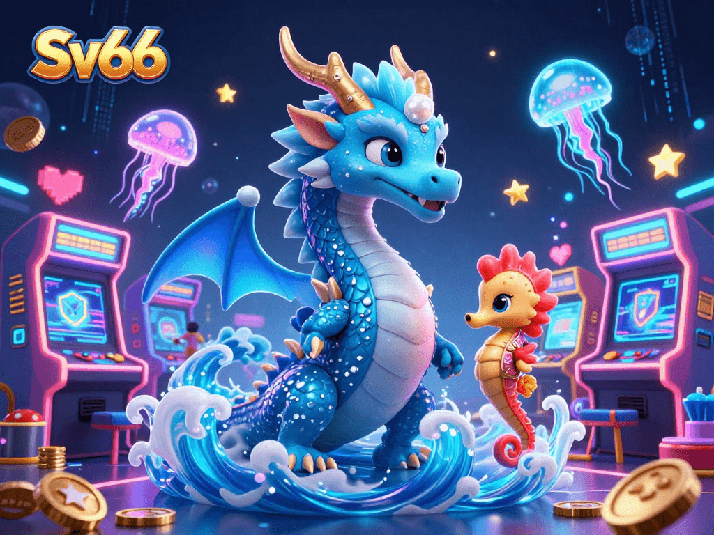 Engage with Sv66's captivating gaming experience featuring a vibrant 3D illustration of a dragon, knight, and jellyfish.