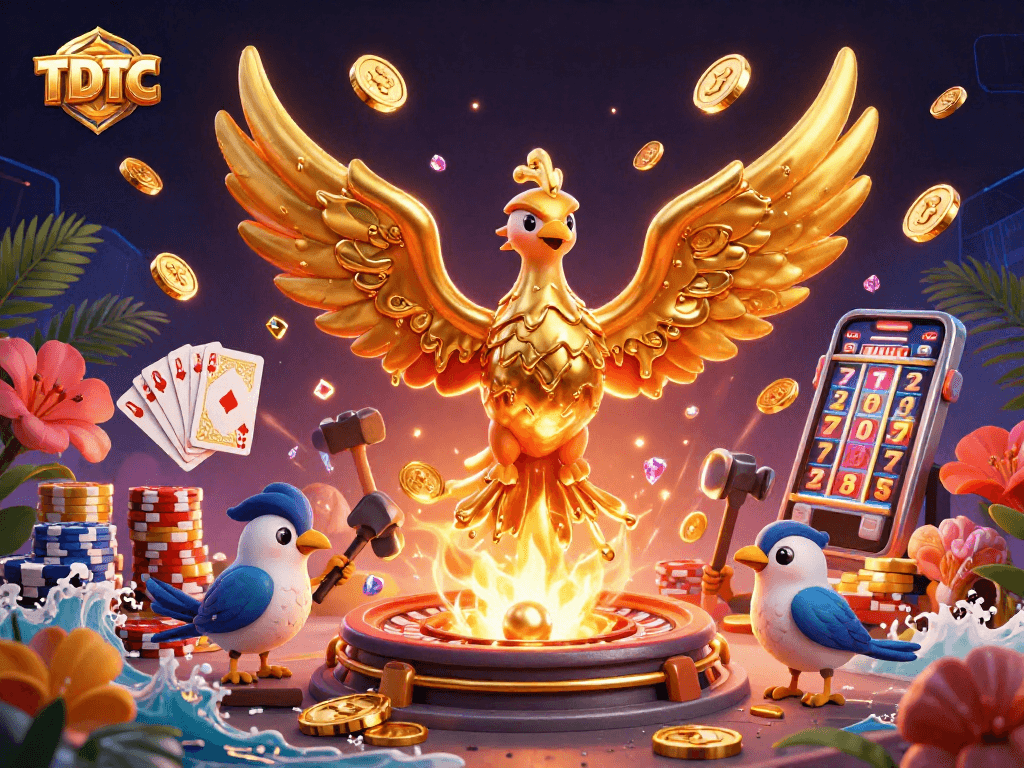 Engage with the vibrant world of TDTC featuring a molten golden phoenix, casino elements, and sparkling gems.