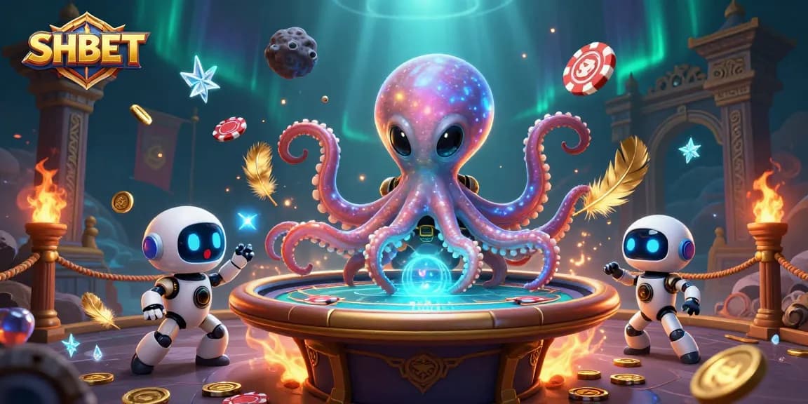 Play exciting poker with SHBET's dynamic alien octopus dealer at a floating holographic table.