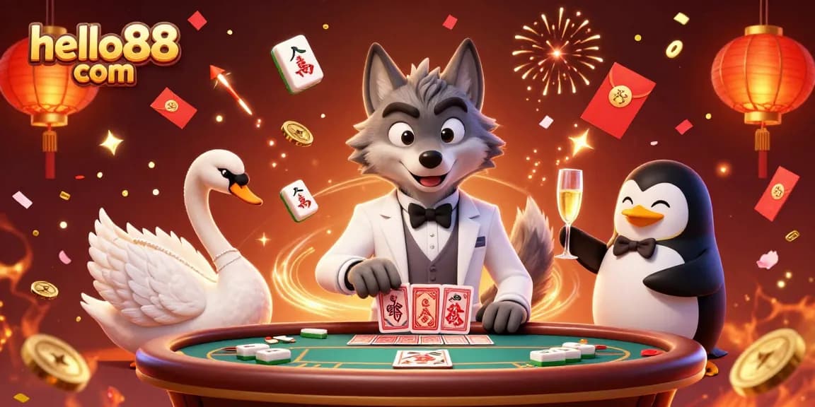 Experience the vibrant world of hello88 com with a debonair wolf, elegant swan, and penguin sommelier in a dazzling casino scene.