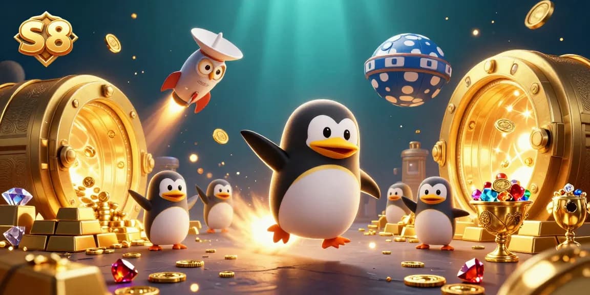 Experience winning moments with S 8's thrilling casino adventures, featuring a golden penguin and rich treasures.