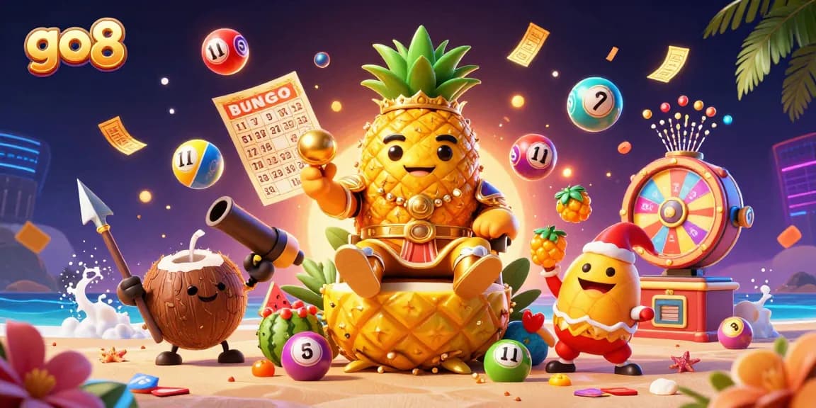 Experience the excitement of go8 with a vibrant beach casino scene featuring a golden pineapple king and colorful lottery elements.