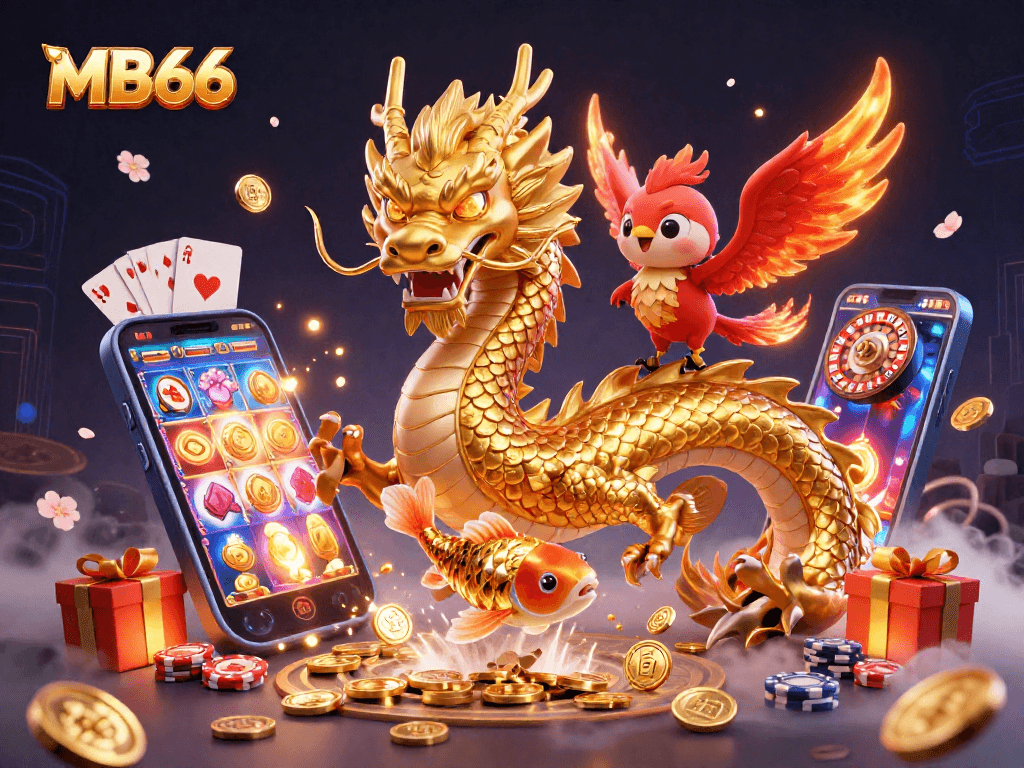 MB66 showcases an enchanting scene with a golden dragon, phoenix, and koi, amidst casino elements.