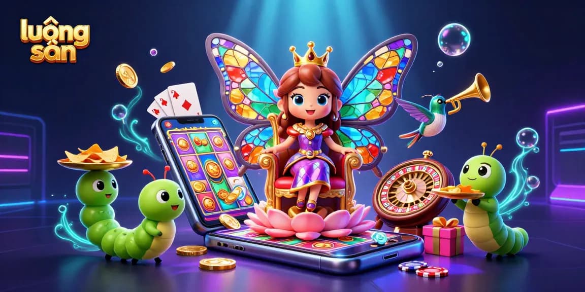 Engage with lương sơn's vibrant 3D casino scene featuring a butterfly queen and slot games.