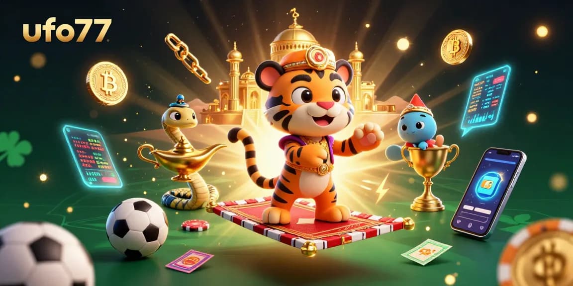 Experience ufo77's sports betting action with a vibrant Arabian-themed casino illustration.