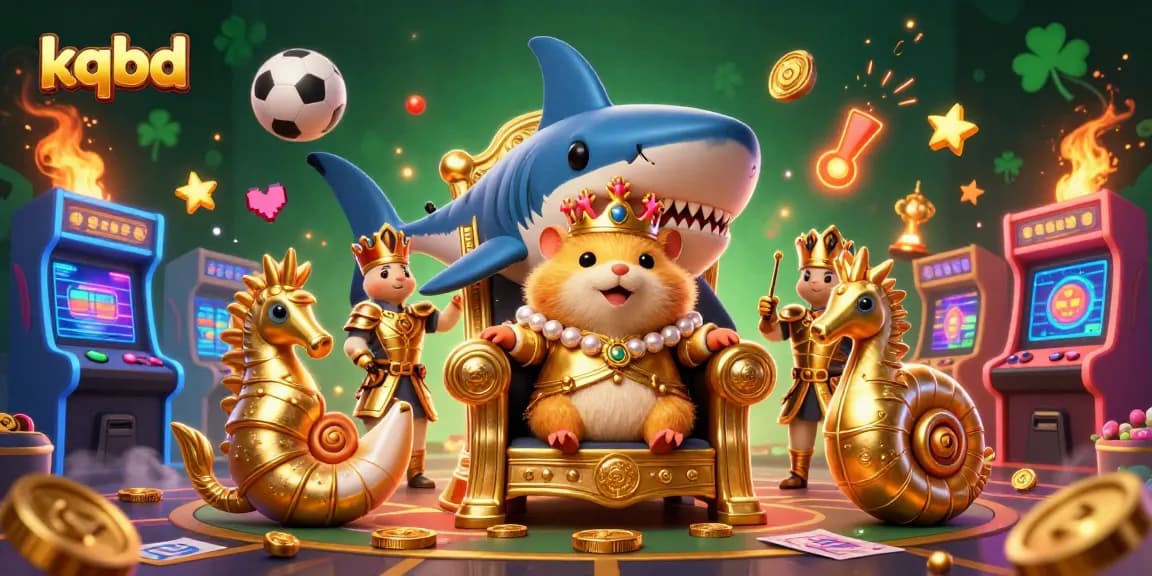 Kqbd showcases an energetic 3D scene with a golden hamster king surrounded by sports elements and glowing game machines.