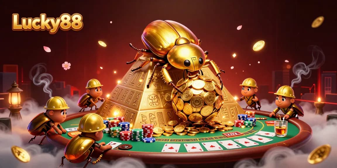 Play at Lucky88 with a vibrant scene of beetles rolling golden coins, surrounded by poker elements.