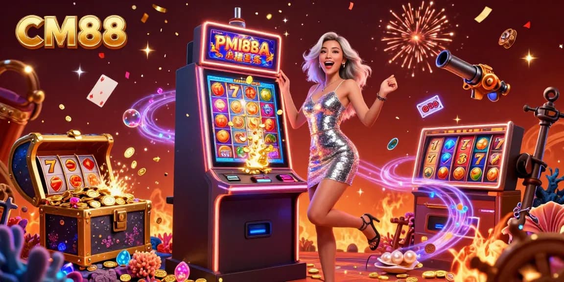 Experience the excitement of CM88 with a dazzling casino scene featuring jackpot wins and vibrant celebrations.