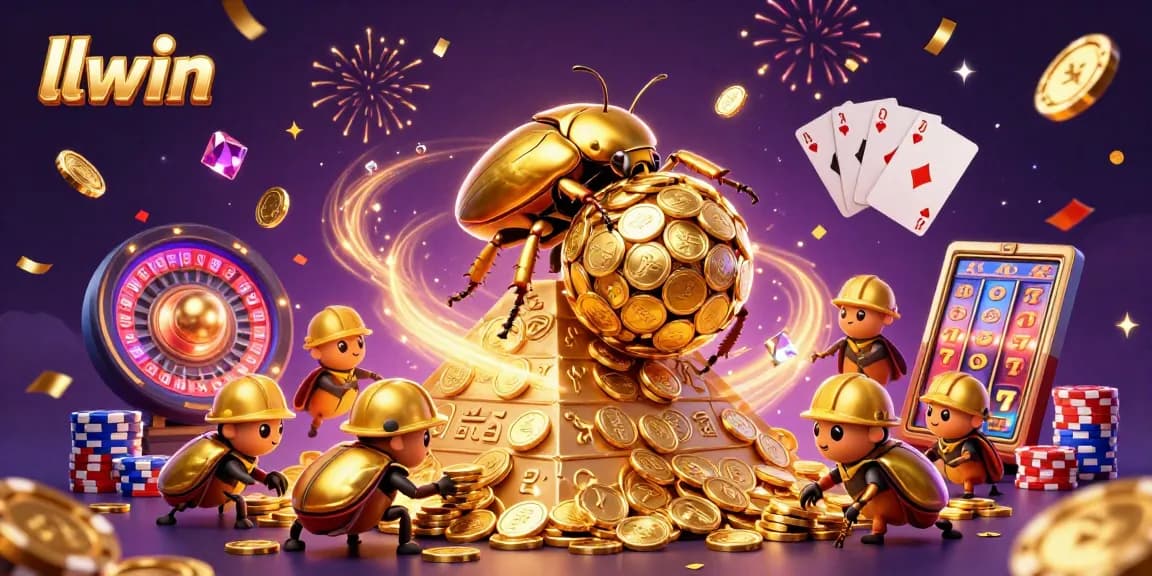 Spin the reels with llwin's enchanting gold beetle adventure amidst dazzling casino elements and vibrant energy.