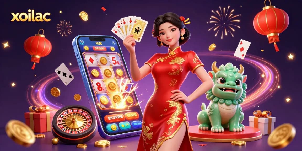 Experience dynamic sports betting with xoilac through vibrant 3D casino imagery, featuring cards and coins.