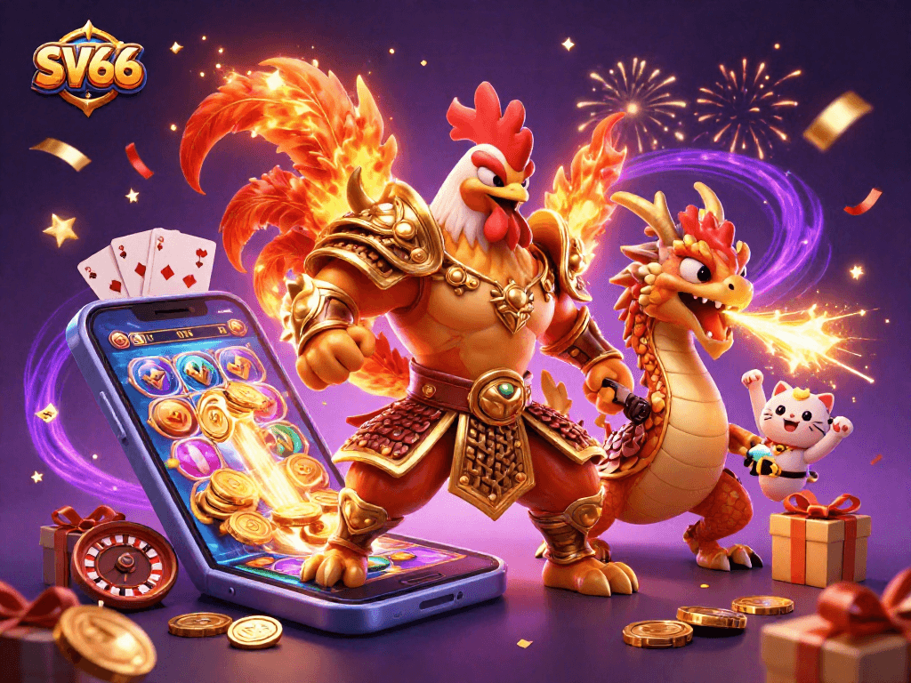 SV66 showcases colorful gaming with a heroic rooster warrior amidst dynamic casino fun.