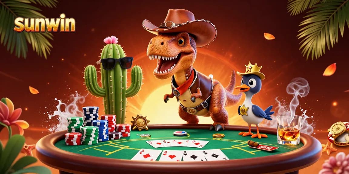 Engage in action with sunwin's vibrant casino scene featuring a cowboy T-Rex.