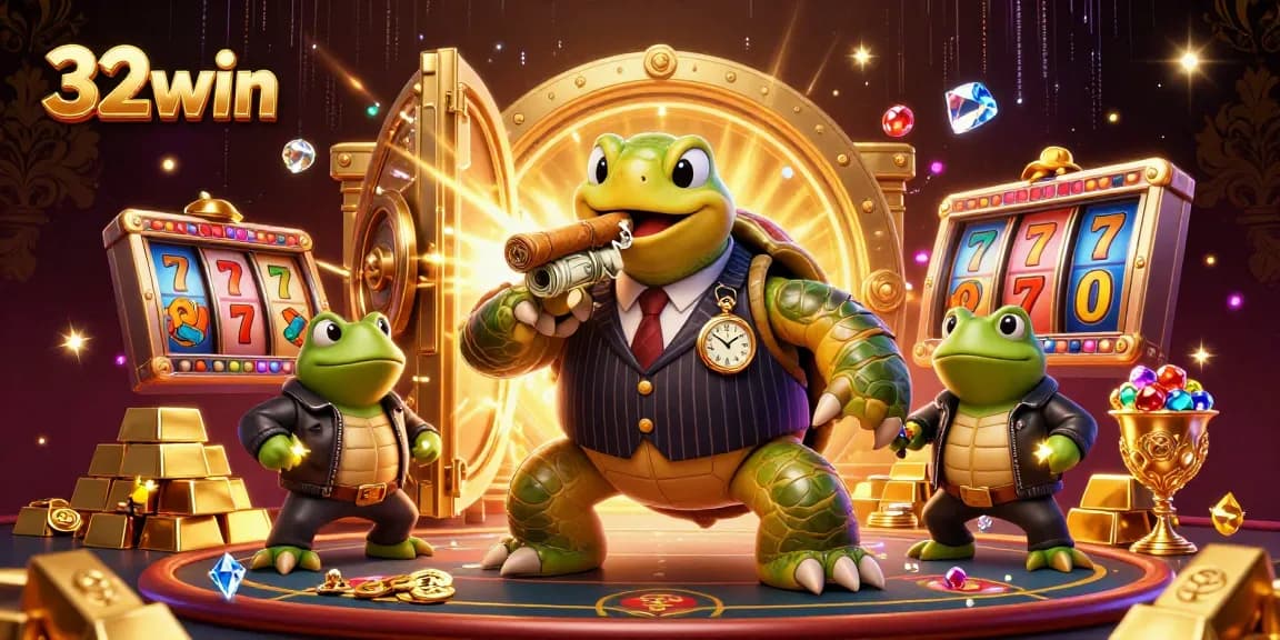Win big at 32win with a vibrant casino scene featuring a snapping turtle and bullfrogs.
