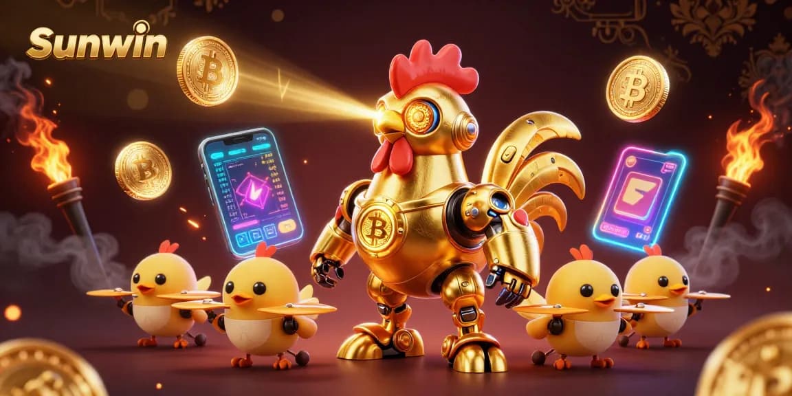 Engage in thrilling gameplay with Sunwin featuring a robot and baby chick drones surrounded by vibrant casino elements.