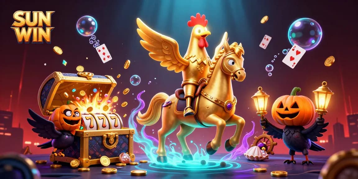 SUN WIN invites players to experience thrilling online slots amidst vibrant gear and gold treasures.
