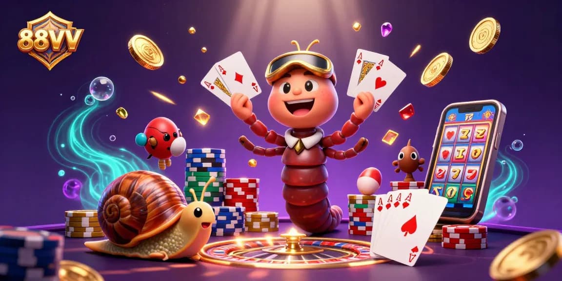 Experience thrilling casino action with 88VV as a colorful millipede dealer showcases an array of vibrant cards while excitement unfolds.