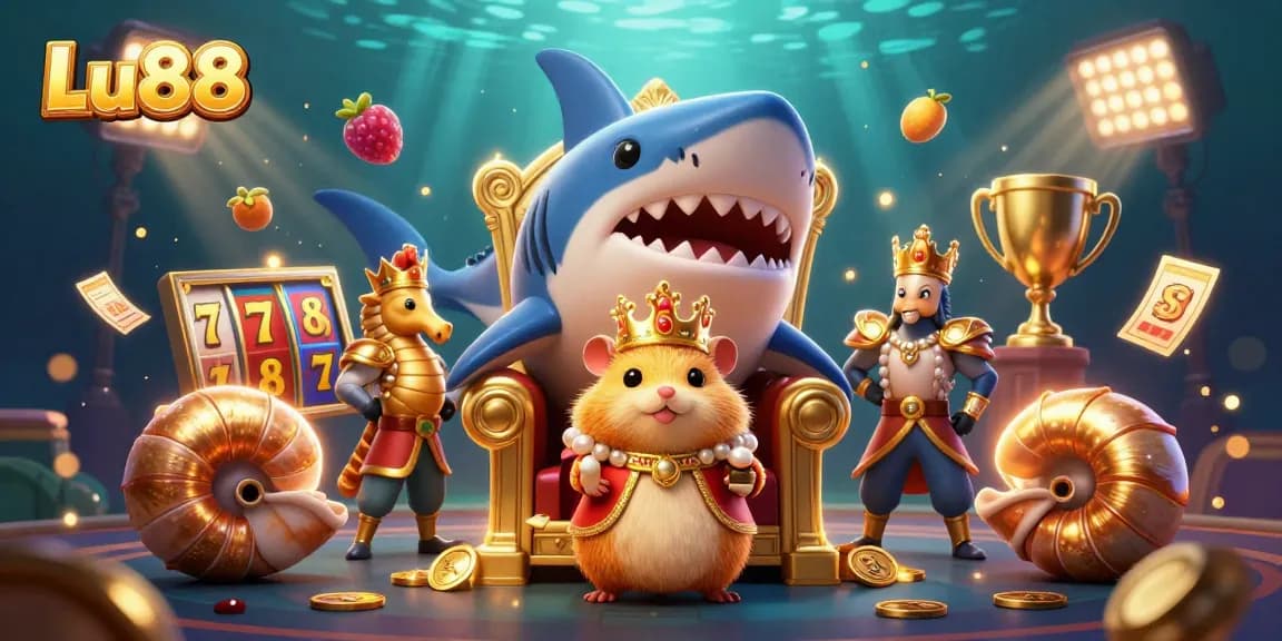 Engage with Lu88's thrilling slot games featuring a fierce hamster king and captivating underwater royal scene.