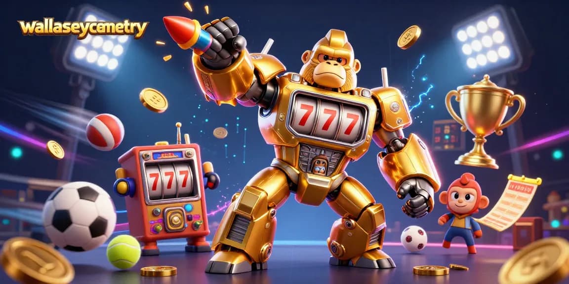 Experience thrilling wins at wallaseycemetery with our 3D golden gorilla mech celebrating casino and sports betting excitement.