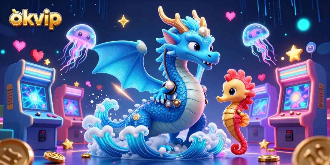 Engage with okvip's vibrant casino atmosphere featuring a water dragon, seahorse knight, and neon jellyfish.