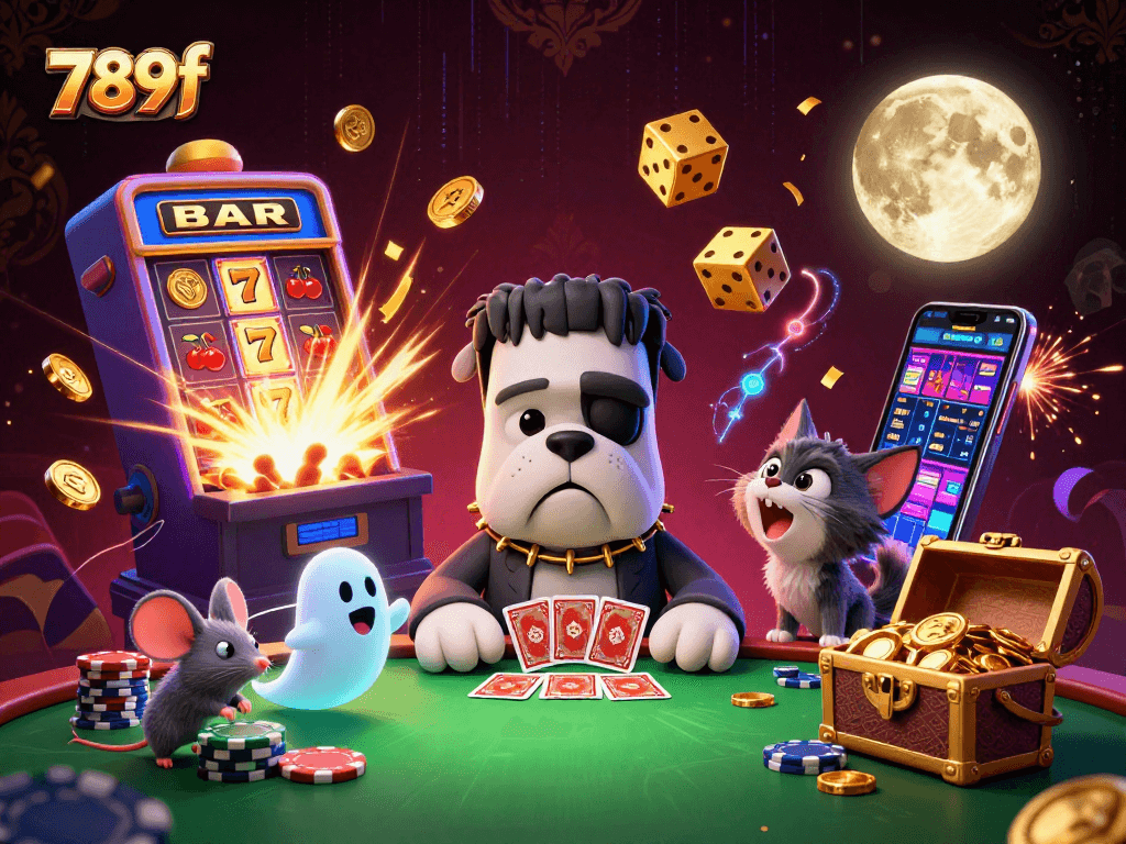 Experience thrilling excitement with the 789f character ensemble in a spooky casino setting.