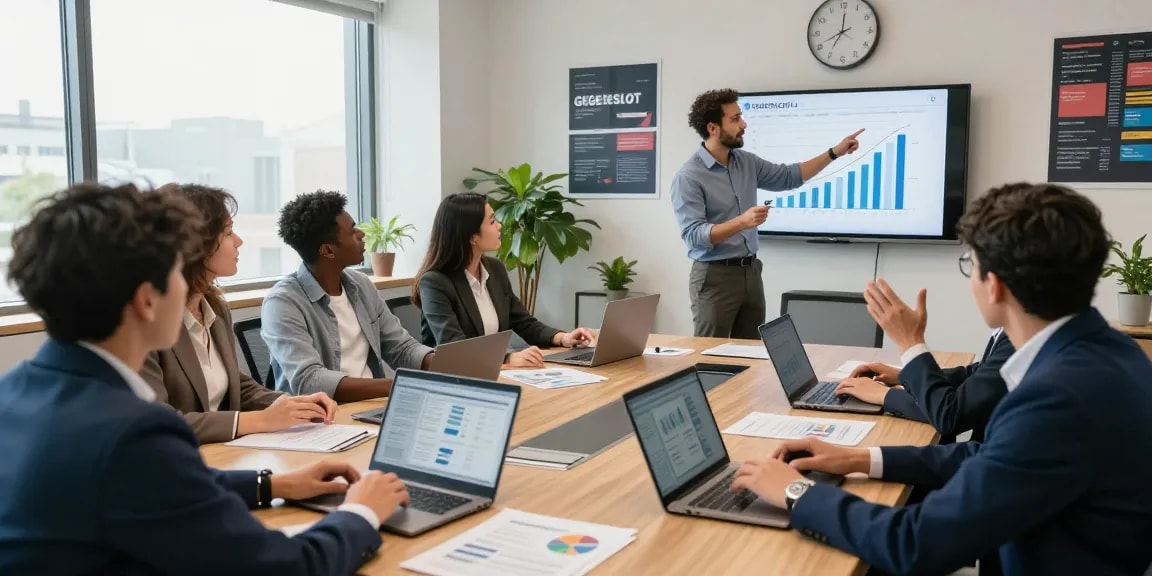 Diskusi tim di kantor modern mengenai GEGESLOT dengan grafik pertumbuhan dan kerjasama efektif