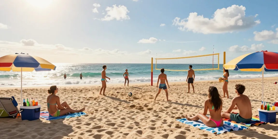 Friends enjoying summer beach vibes with BIKINISLOT swimsuits, volleyball, and ocean views.