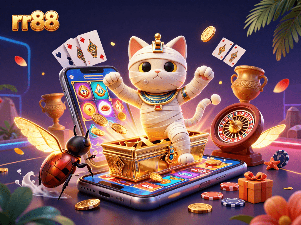 Experience the thrill of rr88 with a vibrant pyramid casino scene featuring a mummy cat and glowing scarab beetle.