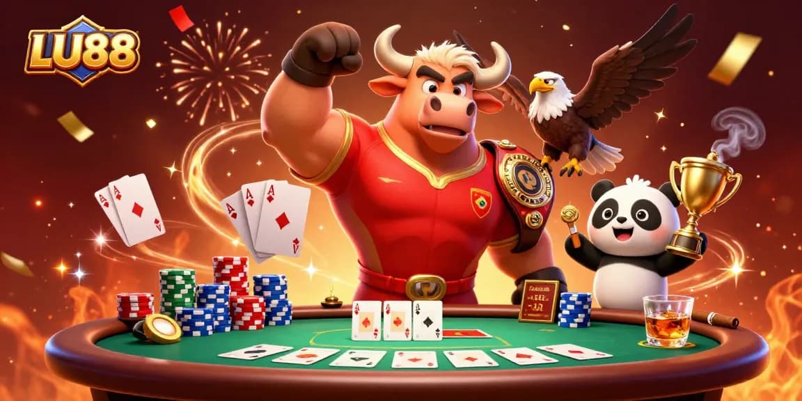 Join LU88 winners celebrating poker victories with a 3D bull mascot, eagle, and panda.