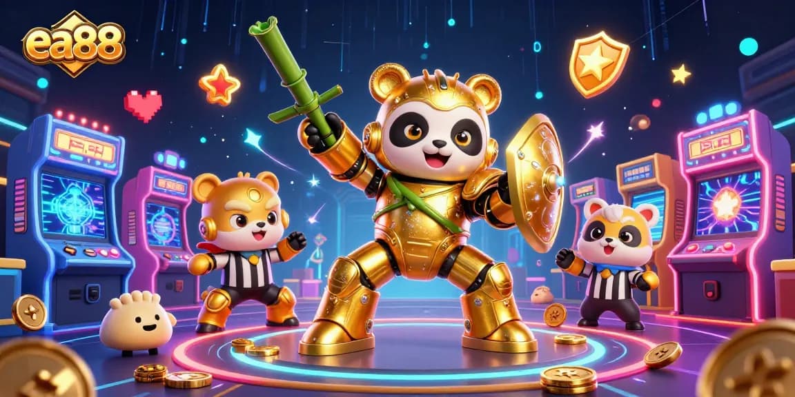 ea88 showcases thrilling casino action with a golden panda in mech-suit battling in vibrant arcade.