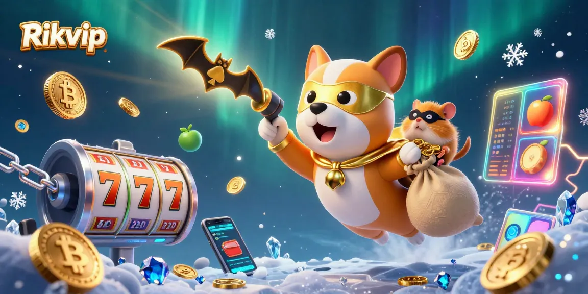Engage with Rikvip's thrilling casino atmosphere featuring a cartoon superhero dog and hamster amidst vibrant slot machines and crypto coins.