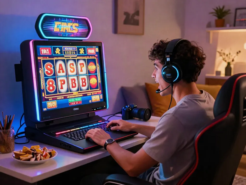 Player enjoying the best non gamstop casinos UK at a vibrant home gaming setup with dynamic slot machine graphics.